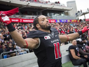 Carleton Ravens Nate Behar celebrates the win of the 48th Panda Game against the Ottawa Gee-Gees at TD Place Saturday October 1, 2016.