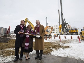 David McGuinty, MP for Ottawa South, Nathalie Des Rosiers, MPP for Ottawa-Vanier, and Jacques Frémont, president and vice-chancellor of the University of Ottawa at the ground-breaking for the Science, Technology, Engineering and Mathematics (STEM) Complex.