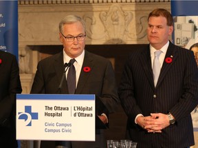 Dr. Jack Kitts, CEO of the Ottawa Hospital, and John Baird, then-MP for Ottawa West–Nepean, announce the site of the future campus of the Civic hospital in November, 2014. (Jean Levac/ Ottawa Citizen)