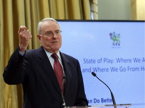 Retired NHL goaltender Ken Dryden addresses the "We Can Do Better" Governor General's Conference on Concussions in Sport at Rideau Hall the official residence of the Governor General in Ottawa Tuesday December 6,2016.