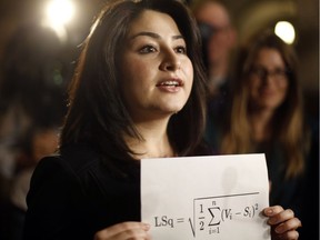 To criticize the electoral reform report, Minister for Democratic Institutions Maryam Monsef holds up a piece of paper with a complicated mathematical equation on December 1, 2016.