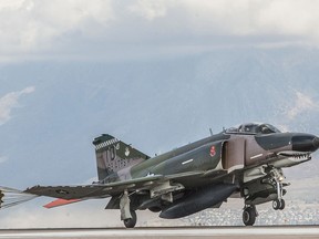 A QF-4 Aerial Target aircraft in manned configuration, piloted by Jim Harkins, 82nd Aerial Targets Squadron, Detachment 1, arrives at Hill Air Force Base, Oct. 25. (U.S. Air Force photo by Paul Holcomb)