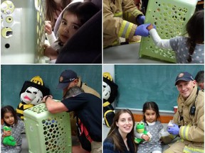 Ottawa firefighters used noisy power saws to free 'Annika', a two-year-old, brought to the fire hall by her mom, Cynthia, when the child was 'trapped' in a plastic basket.