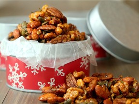 These spiced nuts are slightly hot, slightly sweet, and scented with fresh rosemary.