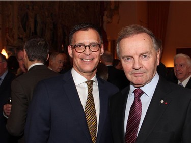 From left, Serge Sasseville, senior vice president of corporate and institutional affairs at Quebecor Media with Senator Serge Joyal, a former cabinet minister in the Pierre Trudeau government, at the Embassy of France on Tuesday, December 6, 2016, for the induction of former prime minister Brian Mulroney into the French Legion of Honour.