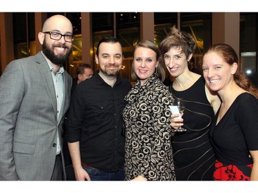 From left, Travis Facette with Ottawa theatre artists Patrick Gauthier, Kate Smith, Emily Pearlman and Bronwyn Steinberg at the National Arts Centre on Friday, December 16, 2016, for the opening night of A Christmas Carol.