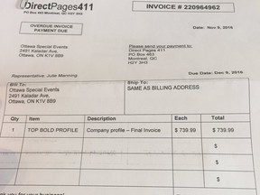 Mike Wood, owner of Ottawa Special Events, said he received an invoice from Direct Pages 411, warning him about an overdue bill.