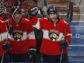 Florida Panthers right wing Jaromir Jagr (68) acknowledges the fans after he scored his third point of the game against the Buffalo Sabres during the third period of an NHL hockey game, Tuesday, Dec. 20, 2016, in Sunrise, Fla. Jagr tied Mark Messier for 2nd place overall in NHL scoring with 1,887 points. The Panthers defeated the Sabres 4-3 in a shoot out.