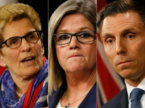 L-R Premier Kathleen Wynne, Andrea Horwath Leader of the Ontario New Democratic Party, Conservative Party leader Patrick Brown.