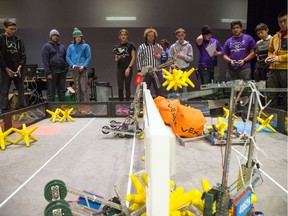 Polyhedron 'stars' fly in a game of 'stars and cubes' at the Lockheed Martin VEX EDR robotics competition Saturday at Longfields-Davidson Heights Secondary School.