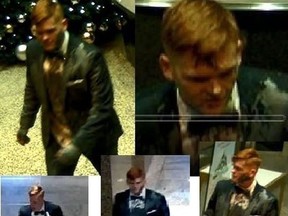A man in a tuxedo and bow tie was caught on camera after throwing paint all over a downtown Toronto real estate office
