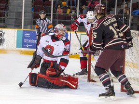 Ottawa 67's goalie Olivier Lafreniere watches the Peterborough Petes puck pass him and slide into the net during the first period at TD Place arena Sunday December 11, 2016.  Ashley Fraser/Postmedia