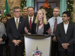 Ottawa Centre MP Catherine McKenna, alongside Ottawa Mayor Jim Watson (L) and Ottawa Centre MPP Yasir Naqvi (R), addresses the media regarding an agreement amongst many tiers of government and the hospital board on their choice of the Sir John Carling site for the construction of the new Civic Hospital. Friday December 2, 2016.