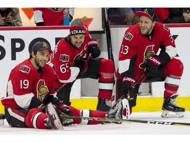 Derek Brassard, Erik Karlsson and Fredrik Claesson during the skills competition.