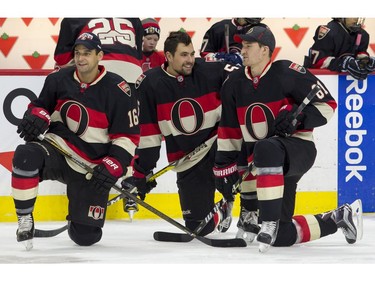The Ottawa Senators' Clarke MacArthur, Cody Ceci and Mark Stone during the skills competition.