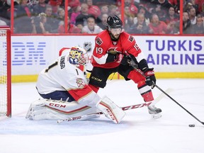 Derick Brassard, looking increasingly more comfortable on a line with Mike Hoffman and Mark Stone on his wings, beats Panthers goalie Roberto Luongo for a goal in NHL action at the Canadian Tire Centre on Saturday, Dec. 3, 2016.
