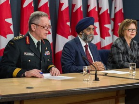 Chief of the Defence Staff, General Jonathan Vance, Defence Minister Harjit Sajjan, Minister of Public Services and Procurement, Judy Foote, Minister of Innovation and Science and Economic Development,  Navdeep Bains announce the plan to replace the fighter jet fleet, in Ottawa, Ontario, November 22, 2016.

Photo: Cpl Mark Schombs, Canadian Forces Combat Camera
IS16-2016-0004-032