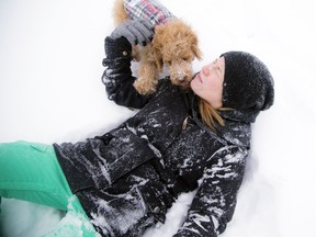 Unsure who is loving the snow more between Jamie Moir or her puppy Lenni in Moffatt Farm Veterans Park in Ottawa as the city is getting another winter storm Saturday December 31, 2016.