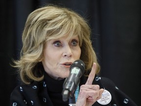 Jane Fonda speaks during a press conference along with indigenous leaders in Edmonton, Alta., on Wednesday, January 11, 2017. THE CANADIAN PRESS/Jason Franson ORG XMIT: EDM107