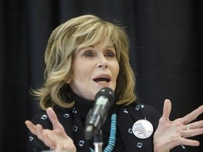 Jane Fonda speaks during a press conference along with indigenous leaders in Edmonton, Alta., on Wednesday, January 11, 2017. THE CANADIAN PRESS/Jason Franson