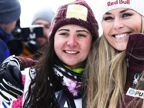 Third placed United States&#039; Jacqueline Wiles, left, poses for a picture with teammate Lindsey Vonn at the end of an alpine ski, women&#039;s World Cup downhill in Altenmarkt-Zauchensee, Austria, Sunday, Jan. 15, 2017.