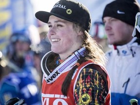 Marielle Thompson of Canada smiles after wining the freestyle ski cross World Cup in Idre, Sweden, Sunday Feb. 14, 2016. Thompson of Whistler, B.C., saved her best run for last on Sunday, winning gold in women;s ski cross while Calgary's Brady Leman took silver in the men's event at the World Cup.