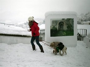 A woman walks with her dogs through a street after snowfall in the city of Ronda, southern Spain, Thursday, Jan. 19, 2017. The schools of Ronda, one of the most historical towns of Andalusia, suspended their classes Thursday and traffic has been interrupted on several highways due to the intense snowfall that has fallen during the night. A cold spell has reached Europe with temperatures plummeting far below zero. (AP Photo/Javier Gonzalez)