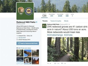 This photo shows a Twitter post from the National Park Service&#039;s Redwoods National Park account, noting that redwood groves are nature&#039;s No. 1 carbon sink, which capture greenhouse gas emissions that contribute to global warming Legal experts say the Justice Department could prosecute tweets from federal agency accounts by unauthorized users under federal hacking laws. Some say that even employees authorized to use official agency Twitter accounts could face legal jeopardy posting messages they