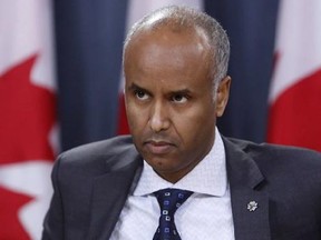 Ahmed Hussen, Minister of Immigration, Refugees and Citizenship, holds a news conference to update Canadians on the possible impacts of recent immigration-related decisions made by President Donald Trump, in Ottawa on Sunday, January 29, 2017.