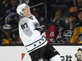 Pittsburgh Penguins forward Sidney Crosby, of the Pittsburgh Penguins, celebrates after scoring during an NHL All-Star hockey game against the Atlantic Division at Staples Center, Sunday, Jan. 29, 2017, in Los Angeles.