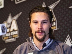 Erik Karlsson speaks to the media during 2017 NHL All-Star Media Day as part of the 2017 NHL All-Star Weekend at the JW Marriott on Saturday, Jan. 28, 2017 in Los Angeles. His goal production is down this season, and although he admits he'd like to be scoring more, he's not too concerned.