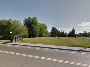 A screencap from Google Maps at the corner of Bank Street and Analdea Drive, where two tombstones now sit.