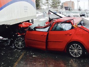 A woman was treated for serious facial and head injuries in this crash with a Canada Post truck at Sandford Fleming and Terminal avenues Wednesday, Jan. 25.