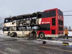 An OC Transpo double-decker bus caught fire on a morning route along Piperville Road, on Tuesday, Jan. 17, 2017.