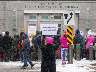 An anti President Trump protest takes place at the Embassy of the United States in Ottawa.