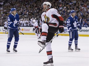 Ottawa Senators right wing Bobby Ryan celebrates scoring his team's opening goal during first period NHL hockey action against the Toronto Maple Leafs, in Toronto on Saturday, January 21, 2017.