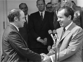 Canadian Prime Minister Pierre Elliott Trudeau and President Richard Nixon meet at the White House in 1969. Even 'Tricky Dick' may shine, over time, compared to Donald Trump.