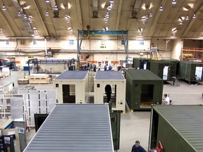 Designed for quick deployment anywhere in the world, DEW’s military shelters will be constructed with self-contained power and HVAC systems. Pictured here, the 100,000 square-foot plant in Miramichi, NB, which is located in an old hanger at former CFB Chatham. (dew engineering)