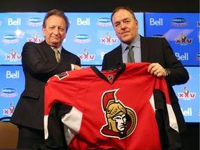 Eugene Melnyk announced that Tom Anselmi (R) is the new CEO and President of the Ottawa Senators, January 25, 2017.