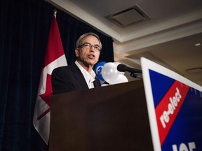 Former finance Minister Joe Oliver speaks at his election party in the riding of Eglinton-Lawrence on Canada's election day in Toronto on Monday, October 19, 2015. Oliver has lost his bid to become a Progressive Conservative candidate in the next Ontario election.