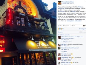 A Facebook post on the Fresco Bistro Italiano page announced its pending closure.