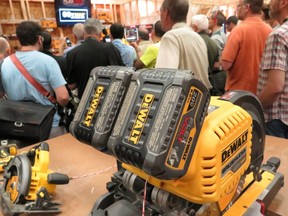 The new 120 volt cordless, battery-powered mitre saw from DEWALT as unveiled to the world in Baltimore.