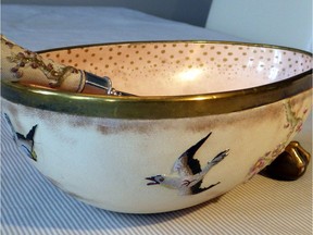 The textured handles of this salad bowl were created using a technique called "Slater's Patent" which is done by pressing fabric into soft clay. It was created in the 1880s and would go for about $225.