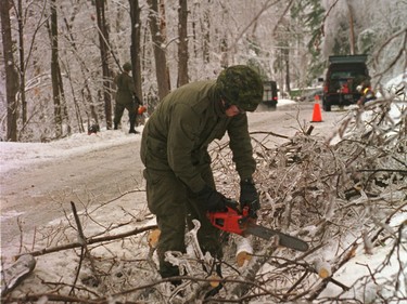 MCpl Pete Leadbeater, from CFB Petawawa, clears trees, hoping to restore power to rural Quebec. Pete is originally from Cagary where his parents George and Joyce still reside.