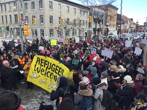 Rally outside the US Embassy in Ottawa after US President Trump has issued an executive order banning the entry of individuals from certain Muslim majority countries, temporarily suspending the entry of all refugees into the US, and barring the resettlement of Syrian refugees to the US indefinitely.