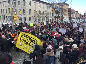 Rally outside the U.S. Embassy in Ottawa after U.S. President Trump issued an executive order banning the entry of individuals from certain Muslim majority countries, temporarily suspending the entry of all refugees into the US, and barring the resettlement of Syrian refugees to the US indefinitely.