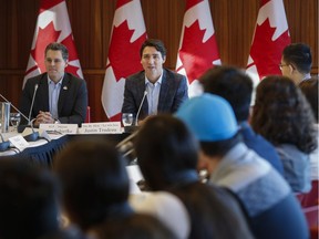 Prime Minister Justin Trudeau, centre, attends a meeting of the Prime Minister's Youth Council in Calgary on Wednesday, Jan. 25, 2017.