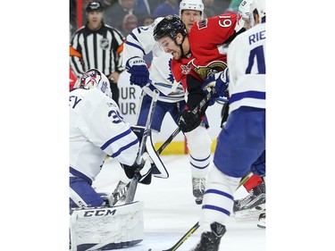 Mark Stone reacts to Curtis McElhinney stopping his shot in the first period.