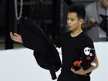 Nam Nguyen finishes practice at the National Skating Championships in Ottawa on Thursday, Jan. 19, 2017.