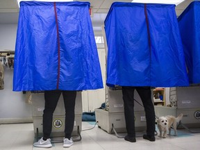 PHILADELPHIA, PA - NOVEMBER 8: Michael Regan, right, votes with his dog named Bean at Old First Reformed Church on November 8, 2016 in Philadelphia, Pennsylvania. Mr. Regan is voting as a Democrat for the first time since 1971. Americans across the nation are picking their choice for the next president of the United States.